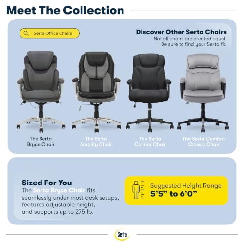 Serta Bryce Executive Office Chair - Ergonomic Computer Desk Chair with Patented AIR Lumbar Technology - Adjustable Height - Memory Foam Body Pillows - 360° Swivel Rolling Base - Bonded Leather - Gray - color: Grey