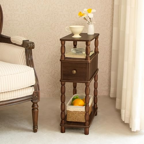 MaxSmeo Narrow Side Table, Small Nightstand with Drawer, Skinny End Table with Storage for Small Spaces, Bedroom, Living Room (Walnut Brown) - color: Walnut Brown