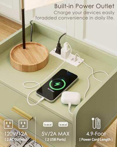 Masupu Nightstand with Charging Station,3-Tier Modern Bedside Night Stand with Storage Drawer and Shelf,Small End Side Table for Bedroom,Living Room,Gold and Green - color: Outlet-green