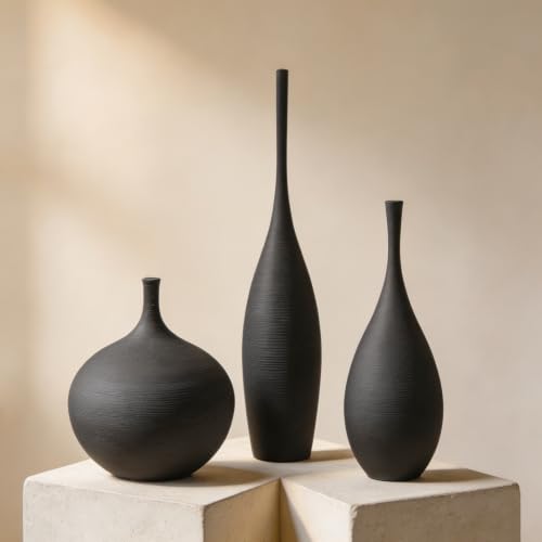Black Ceramic Vases Set of 3, Modern Boho Vases for Centerpiece Decor, Matte Minimalist Decorative Vases for Home Decor, Living Room, Bookshelf, and Entryway Table Decor - color: Black