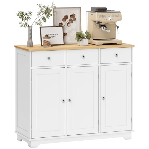 HOMCOM Sideboard Buffet Cabinet Solid Wood Countertop White | Modern Kitchen Storage, Coffee Bar Cabinet, 3 Drawers, Doors, Adjustable Shelf - color: White, size: 39.75" x 15.75" x 33.5"