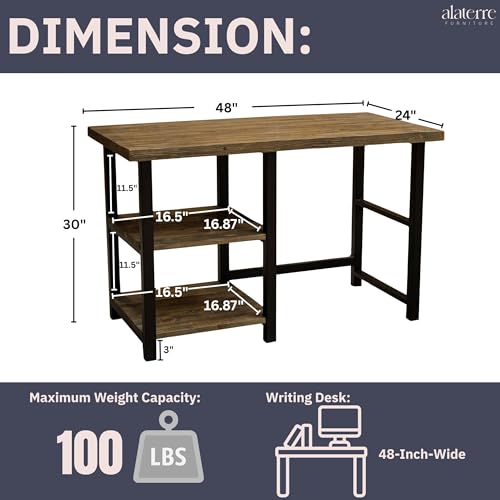 Alaterre Furniture Pomona Industrial Study Desk, Natural, 48”x24”x30” | Writing Desk with Solid Pine Wood Top, 2 Open Shelves, Metal Frame, Floor Levelers, For Home Office, Bedroom, or Dorm - style: Desk with Shelves