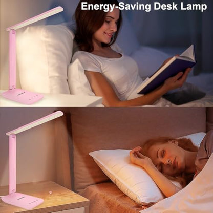 White crown LED Desk Lamp Dimmable Table Lamp Reading Lamp with USB Charging Port, 5 Lighting Modes, Sensitive Control, 30/60 Minutes Timer Pink (Pink, First-Generation) - color: Pink, size: first-generation