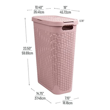 Mind Reader Slim Laundry Hamper with Lid, 40L Clothes Basket, Narrow Tapered Design with Ventilated Cutout Pattern, Plastic, Pink - color: Pink, size: Single