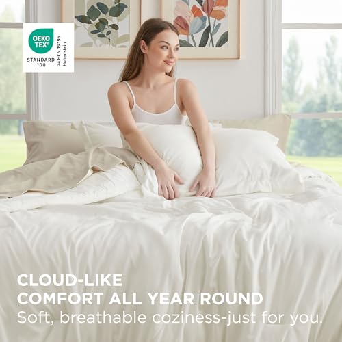 Bedsure 풀 이불 세트 - 7피스 화이트 풀 침구 세트, 사계절용 보헤미안 대조적인 디자인 침대, 이불, 시트, 베개 커버 및 베개 커버가 포함된 가방 포함 - color: 03 - 화이트/베이지, size: 풀
