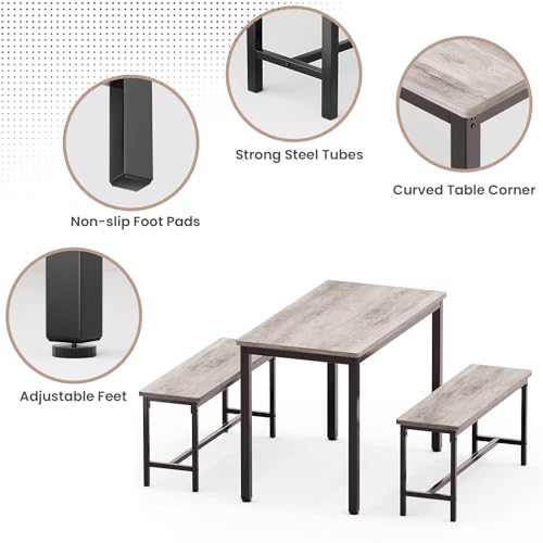 Dining Table Set for 4, Kitchen Table with 2 Benchs, Grey | Modern Functional 3 Piece Space-Saving Dining Room Table Set for Apartment, Breakfast Nook, Small Space - color: Grey