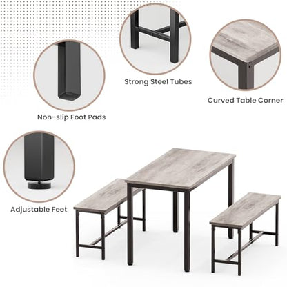 Dining Table Set for 4, Kitchen Table with 2 Benchs, Grey | Modern Functional 3 Piece Space-Saving Dining Room Table Set for Apartment, Breakfast Nook, Small Space - color: Grey