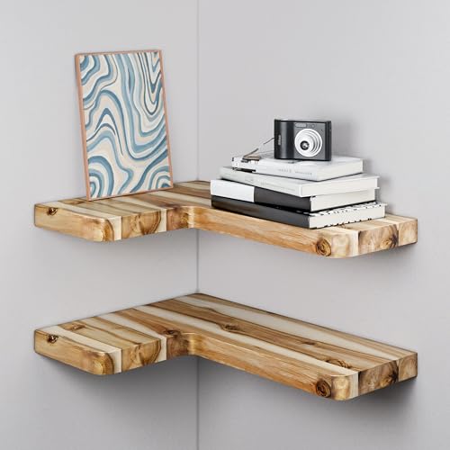 BATODA Acacia Corner Floating Shelves 17“x12”, Wall Shelves - Floating Book Shelves for Wall, Corner Bookshelf for Home Decor - Wooden Shelves with Bracket and Hardware, Boho Decor (Natural Color) - color: Natural Color
