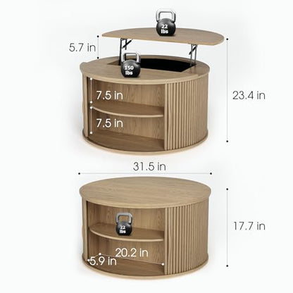 SULIVES Round Coffee Table with Lifting Top, Multifunctional Lift Top Drum Coffee Table with Sliding Door, Small Fluted Center Table for Living Room, Oak - color: Oak_round-lift-top