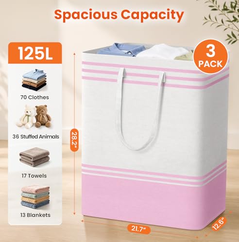 TranquilRelax 3-Pack Laundry Basket, Laundry Hamper, Pink-125L | Freestanding＆Water-Resistant Laundry Hamper, Collapsible Tall Clothes Hamper with Carry Handles for Clothes, Laundry Basket - color: Pink, size: 125L