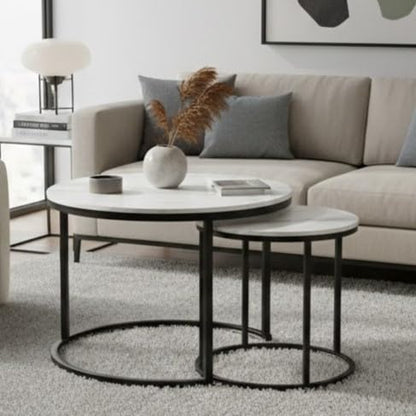 Nesting Side Tables, Coffee Table Set of 2 with Sturdy Metal Frame, Modern Industrial Simple Nightstand for Living Room Bedroom Apartment (White) - color: White