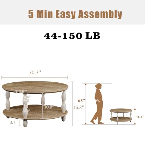 karlott 2-Tier Farmhouse Coffee Table, Round Coffee Tables for Living Room | Solid Wood Veneer Tabletop, Pine Legs & Storage Shelf, Rustic Boho Center Table, Easy Assemble for Living Room - size: Coffee Table 30.3 In