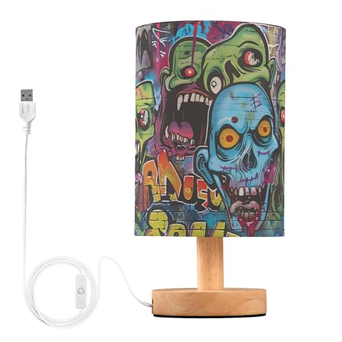 Graffiti Art Zombie Green Scary Walking Dead Bedside Table Lamps with USB Port for Bedroom Lamp Accent Table Lamp Small Nightstand Lamp Sturdy Linen Shade Wood Decorative Lamps for Home|Kids|Holiday - color: Graffiti Art Zombie