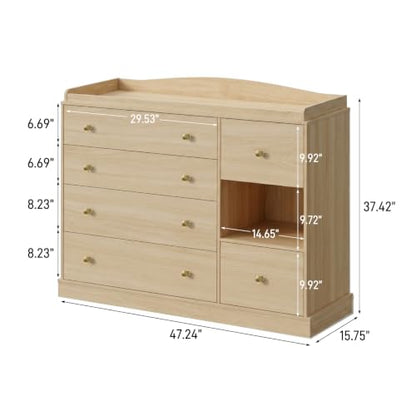 Kids Dresser Cabinet with 6 Drawers, Changing Table for Nursery with Shelf, Multi-Functional Chest of Drawers, Kids Bedroom Furniture, Nightstand for Children's Room, Natural - color: Natural