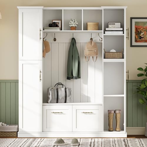 JIVOIT Farmhouse Hall Tree with 4 Side Cabinets, Adjustable Shelves & Open Cubbies, All-in-One Mudroom Furniture, Beadboard Entryway Bench with Coat Rack & 5 Hooks for Hallway (White,152) - color: White,152