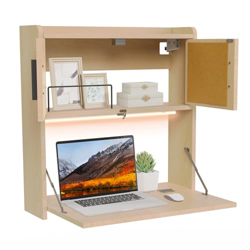 ARTETHYS Wall Mounted Desk Folding with LED Light Drop Down Hanging Desk | Multifunctional Fold Down Laptop Computer Table, Writing Workstation with Storage Compartments, Space Saving for Home - color: Wood