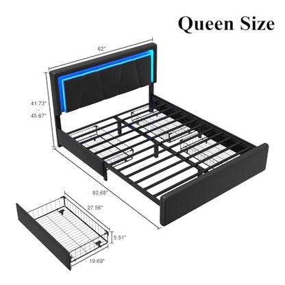 Queen Size Bed Frame with 4 Storage Drawers, Upholstered Headboard, Black | Modern Bed, Charging Station, LED Light, Adjustable Height Headboard, Noise-Free, No Box Spring Needed, Easy Assembly - color: Black, size: Queen