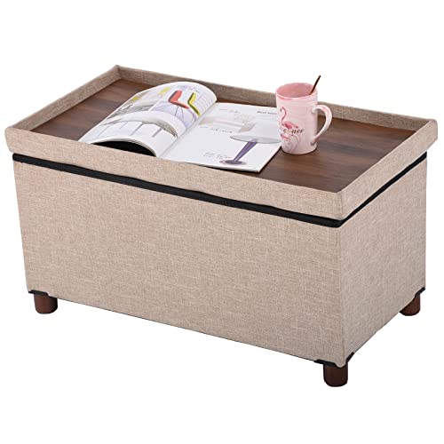 30 Inches Storage Ottoman Bench, Storage Bench with Wooden Legs for Living Room Ottoman Foot Rest Removeable Lid for Bedroom End of Bed, Linen Fabric, Folding Beige Ottoman