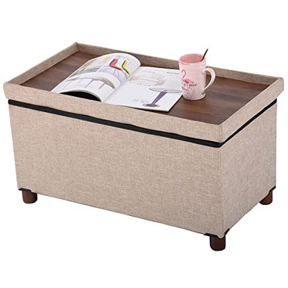 30 Inches Storage Ottoman Bench, Storage Bench with Wooden Legs for Living Room Ottoman Foot Rest Removeable Lid for Bedroom End of Bed, Linen Fabric, Folding Beige Ottoman