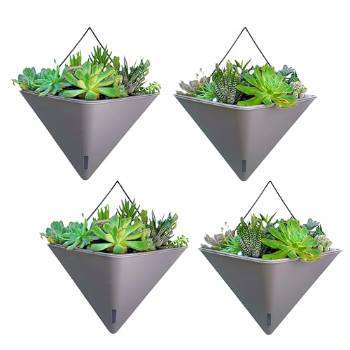 LaLaGreen Wall Planters for Indoor Plant (12in, 4 Pack) Hanging Flower Vase | Large Self Watering Gray Geometric Vessel with Metal Hanger, Modern Stylish Wall Mounted Succulent Pot Holder Decor - color: Gray X 4 Pack