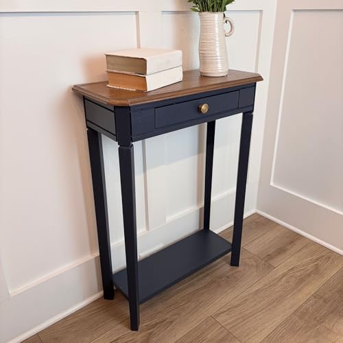 Marnie Console Table – 23.75” Wide Navy Blue Entryway Table with Storage Drawer & Shelf – Slim Accent for Hallways, Foyers, Living Rooms and Small Spaces – Handcrafted Bayur Wood | 23.75-inch slim hallway table with lower shelf, two-tone wood finish, blue