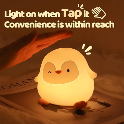 Rytinazzz Silicone Night Light for Kids, 50H Long Battery Penguin Lamp, Gift for Kids, Rechargeable Tap Control, Soft Dimmable Bedside Light with Timer - color: Penguin