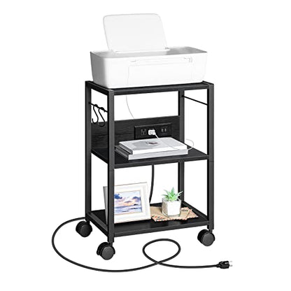 MAHANCRIS Industrial Printer Cart, 3-Tier Mobile Printer Stand, Rolling Cart with Power Outlets and USB Ports, Home Printer Stand with 2 Hooks, for Office, Living Room, Black PTHB40E01 - color: Black