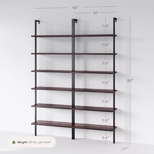 Nathan James Theo 6-Shelf Tall Bookcase, Wall Mount Bookshelf with Natural Wood Finish and Industrial Metal Frame, Nutmeg/Matte Black, Set of 2 - color: Nutmeg/Matte Black, size: Set of 2