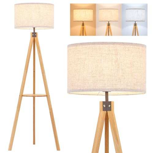 ELYONA Wood Floor Lamp for Living Room, Japandi Tripod Standing Lamp with Linen Shade & Wood Tray Table, Shelf Floor Lamp for Bedroom, Office, Dining Room, LED 3 Color Temperatures 9W Bulb Included - style: Janpandi