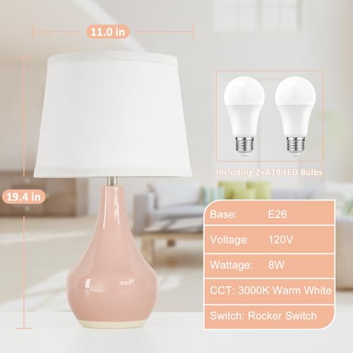 19.4" Modern Pink Lamps Set of 2, Ceramic Bedside lamps for Night Stands | Rocker Swtich, Pink Lamp for Girls Room, Bedroom Table Lamp for Living Room, Side Table, End Table, Gift - color: B. Pink