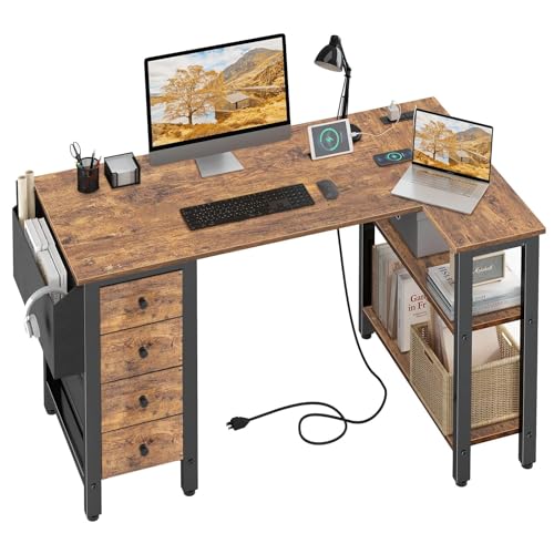 Lufeiya L Shaped Desk with Drawers & Storage Shelves, 47 Inch Small Reversible Corner Desk with Power Outlet for Home Office Bedroom, L-Shaped Gaming PC Computer Desks with Fabric Drawer, Rustic Brown - color: Brown, size: 47.2"