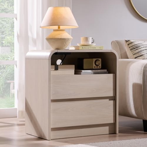 Aitjunz 25" Tall Modern Nightstand with Charging Station, 2 Drawers, Cream | 23.6'' Wide Wood Bedside Table with Curved Profile Design, Large Mid Century End Table for Living Room - color: Cream, size: 1 Piece