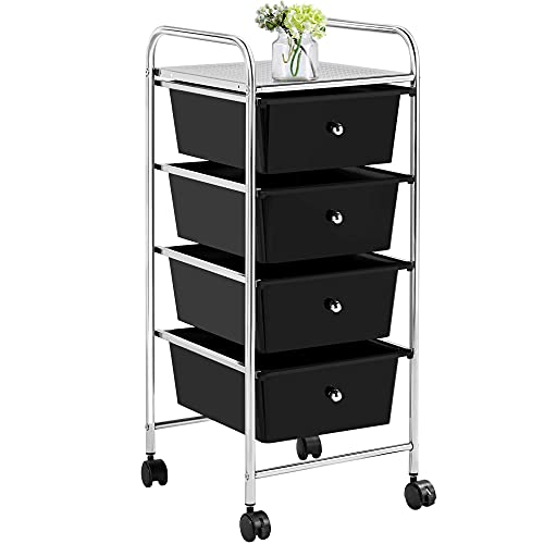 Yaheetech 4-Drawer Rolling Storage Cart with Wheels, Slim Organizer, Black | Four drawers plus a top shelf organize craft to bath gear; slim chrome-steel frame, plastic bins, locking wheels, easy setup. - color: Black, style: 4 Drawers