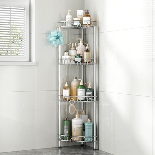 SWTYMIKI Standing Shower Caddy Corner - 4‑Tier Stainless Steel Shower Organizer Shelf with 12 Hooks and Adhesive Pads, Rustproof Corner Shelves Stand Rack for Bathroom Shower Room, Silver - color: Silver-4‑Tier