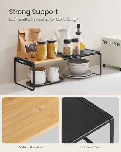 SONGMICS HOME Spice Rack, Expandable Cupboard Shelf Orgnizer,Bamboo | Kitchen Counter Shelves, Bamboo and Steel, Stackable, Ink Black, BYSTRO Collection UKCS051B01 - color: Light Bamboo + Ink Black, size: 2 Pack