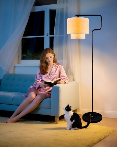 Lightdot 62IN Floor Lamps for Living Room, Modern Standing Tall Lamps with Double Linen Shades, 3000K Arc Bohemian Floor Lamp with Foot Switch for Wedding/Party, Bedroom, Home Office-Black - color: Double Linen-Black