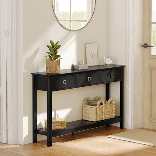 Treocho 53.1" Console Table with 3 Drawers, Sofa Table Behind Couch, 2 Tier | Long Entryway Table with Storage, Modern, For Hallway, Living Room, Black - color: Black