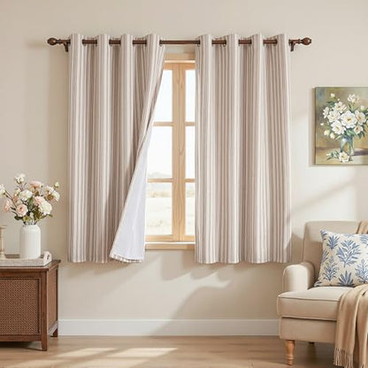 MYSKY HOME Taupe Striped Curtains 100% Blackout Tan Stripe Patterned 63 Inches Long Farmhouse Rustic Linen Blend Double Layer Drapes for Bedroom, Grommet, 2 Panels, 52" Wide - color: B-taupe/Blackout, size: 52"W x 63"L (Pack of 2)