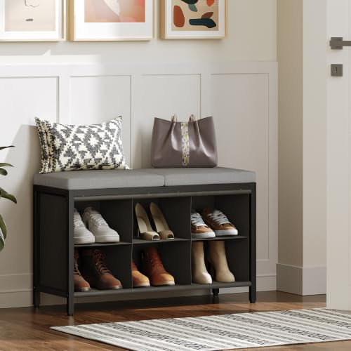 Shoe Storage Bench with Cushion, Entryway Bench, Shoe Rack with Padded Seat and 6 Oxford Compartments, for Closet, Bedroom, Entryway, Black and Gray HX01BK