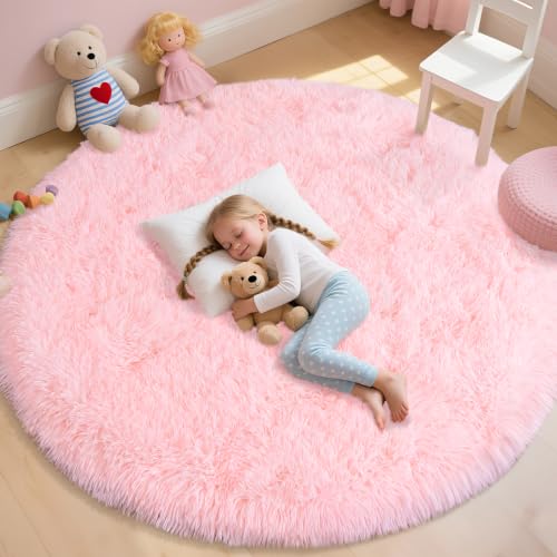 6ft Pink Round Shag Rug for Girls Bedroom, Washable Non-Slip | Soft Fluffy Pink Circle Rug for Kids Room Dorm Living Room Home Decor, Thick Memory Sponge, Flame Resistant - color: Pink, size: 6' (Round)
