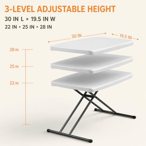 Folding Table, TV Tray with 3 Levels Adjustable Height, Heavy Duty No Assembly Foldable Small Table for Eating or Working on Couch, Picnic, Camping, Living Room, Indoor and Outdoor Use - color: White, size: 30inch-1 Pack