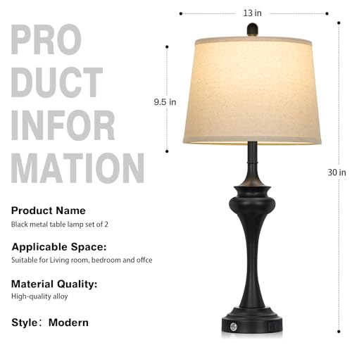 Rinweey 30 Inch Black Table Lamp Single, 3-Way Touch Control Bedside Lamp with USB A+C Ports, Modern Bedroom Lamps for Nightstand, Metal Living Room Lamps for Side Table Desk Office, Bulb Included - color: Black-30"H-1PK