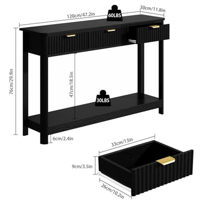 RUSTOWN Fluted Wood Console Table with 3 Drawers, 47.2" Boho Entryway Table | Narrow Behind Couch Sofa Table, Open Storage Shelf, Curved legs, 2 Tier Modern Farmhouse Hallway Table for Living Room, Foyer - color: Black