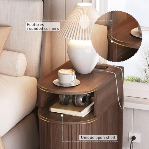 Narrow End Table with Charging Station, Fluted Sofa Side Table with Sliding Curved Door and Storage Shelf, Mid-Century Bedside Table, Modern Nightstand for Living Room, Bedroom, Walnut - color: Walnut