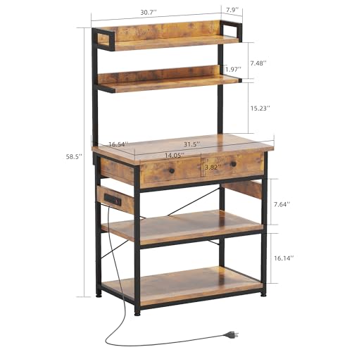 Mexin Bakers Rack with Power Outlets, 5-Tier Microwave Oven Stand with 2 Drawers, Kitchen Stand Coffee Bar Table with Storage, Heavy Duty Kitchen Shelves(Brown) - color: Rustic Brown