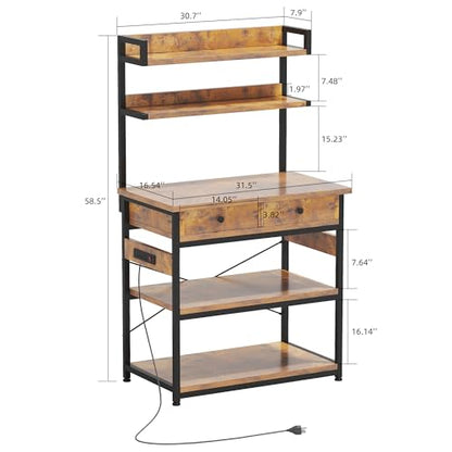 Mexin Bakers Rack with Power Outlets, 5-Tier Microwave Oven Stand with 2 Drawers, Kitchen Stand Coffee Bar Table with Storage, Heavy Duty Kitchen Shelves(Brown) - color: Rustic Brown