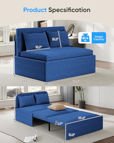 43.3" Twin Size Pull Out Sofa Bed，3-in-1 Linen Convertible Sleeper Sofa Bed,Loveseat Pullout Bed with Pillows and Tri-fold Mattress for Small Space/Bedroom,Dark Blue - color: Dark Blue, size: Twin