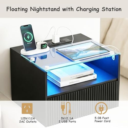 Arbuxzuy Floating Nightstand Set of 2 with Charging Station and Drawer | Black Modern Wall Mounted Bedside Table set owith Open Shelf, Floating Nightstand Made of Minimalist Wood & Glass for Bedrom