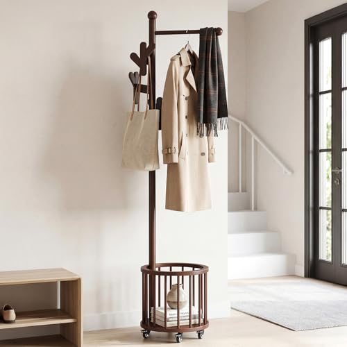 CozyDH Wooden Coat Rack Stand with Umbrella Holder and Wheels, Freestanding Hall Tree Coat Hanger with Multi Hooks, Heavy Duty Coat Tree for Entryway Bedroom Hallway Office, Walnut - color: Walnut, size: Round-15.7D×15.7W×72.8H