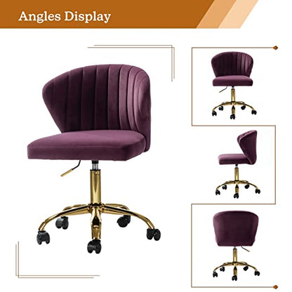 TINA'S HOME Office Desk Chairs with Wheels & Gold Base, Modern Velvet Cute Armless Office Chair, Adjustable Low Back Swivel Rolling Chair, Upholstered Task Chair for Living Room Vanity Study-Purple | Modern Velvet Cute Armless Office Chair, Adjustable Low